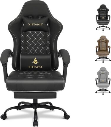 Ігровий крісло Vittanly з пружинним сидінням, ергономічний геймерський стілець з підголівником, поперековою подушкою та підніжкою, регульований поворотний ігровий крісло-офісне крісло, чорний, 150 кг
