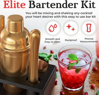 Набір бармена Highball & Chaser Elite з бамбуковим підставкою: шейкер для коктейлів з нержавіючої сталі та барний інвентар. Ідеальний для дому, вечірок та приготування напоїв (530 мл, чорний)