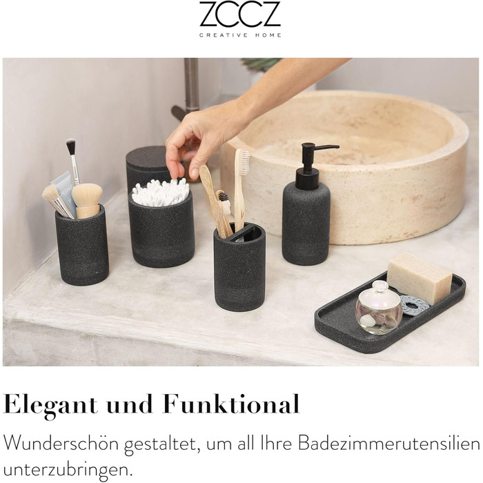 Набір для ванної кімнати ZCCZ 6 предметів: органайзер для зубних щіток, дозатор мила, миска для косметики та ватних паличок. Елегантний декор у мармуровій стилістиці, чорний колір для сучасного інтер'єру.