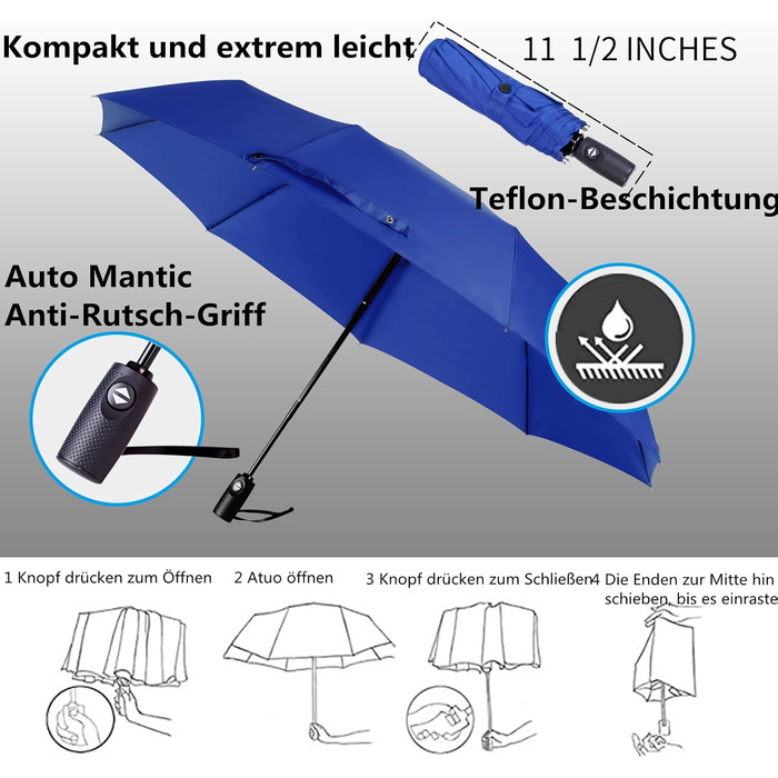 Складна парасолька AMVUZ Stormproof Travel, вітрозахисна, автоматична, 210T тефлонове покриття (синій)