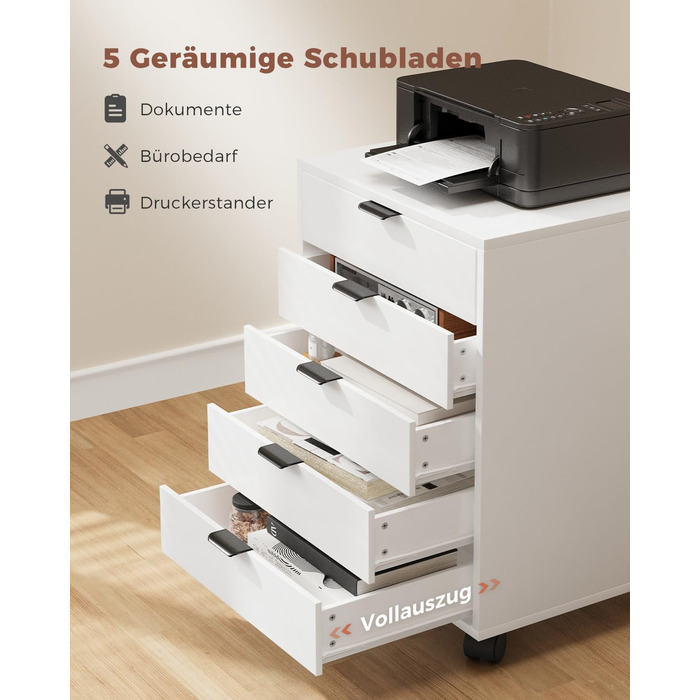 Шафа-тумбочка ELUCHANG з 5 висувними ящиками, мобільна, для офісу та дому, біла