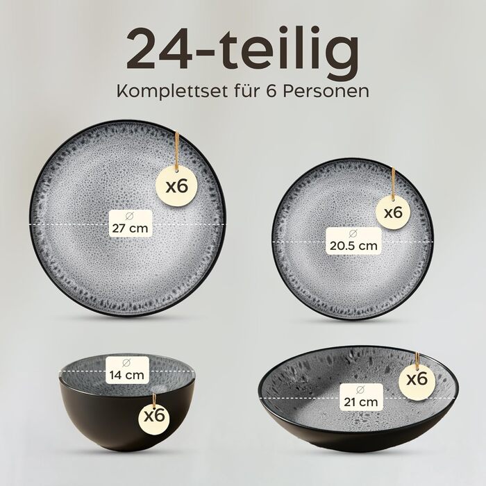 Набір посуду Twinzee Steingut (24 частини) для 6 осіб: тарілки та миски - серія Riviera Perla, з каменю, підходить для мікрохвильової печі