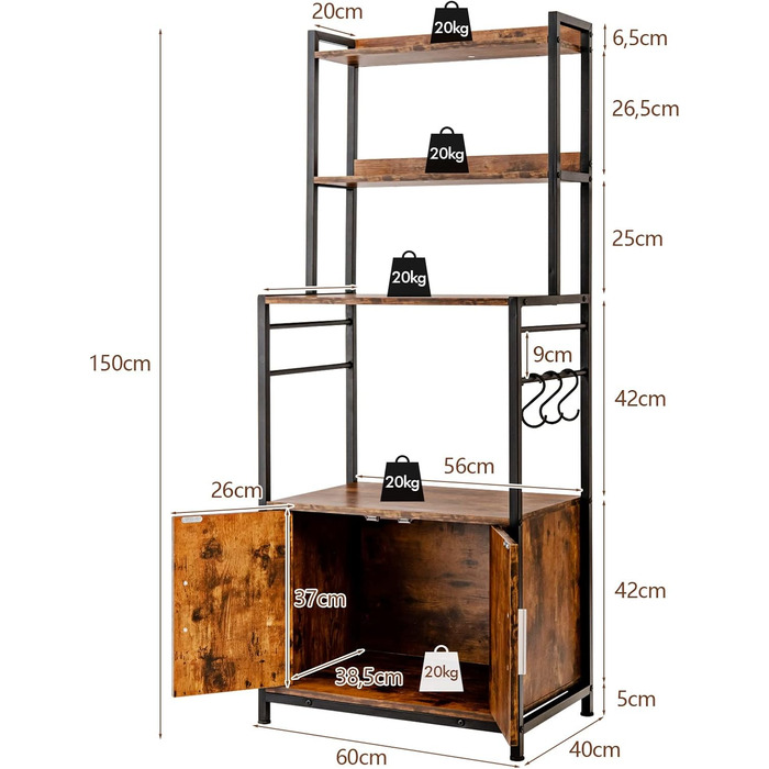 Кухонна полиця COSTWAY з шафою для зберігання, полиця для пекаря з гачками, стояча полиця з полицями, регульовані ніжки, вінтаж