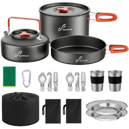 Набір посуду для кемпінгу на 2 особи: каструля, сковорода, чайник, тарілки, чашки, столові прибори (Löffel, Gabeln) для пікніків, походів та кемпінгу