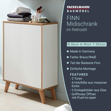 Умивальник FACKELMANN Finn 60x50x30.5 см Тумба для ванної білий/дуб з підключеннями, в т.ч. ніжки