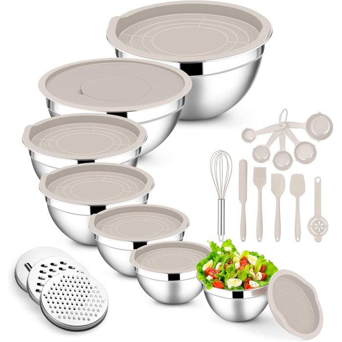 Набір міксерів E-far з кришками, 21 предмет: нержавіюча сталь, 3 насадки-тертки, розміри 7, 4.6, 3.5, 2.6, 2, 1.5, 1QT, вкладна конструкція, повітріодкі кришки хакі, для випічки/приготування