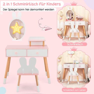 Дитячий туалетний столик COSTWAY з дизайном зайчика, 2-в-1 зі дзеркалом, 2 шухляди та полиця, туалетний столик для дівчаток з масивними дерев'яними ніжками (білий)