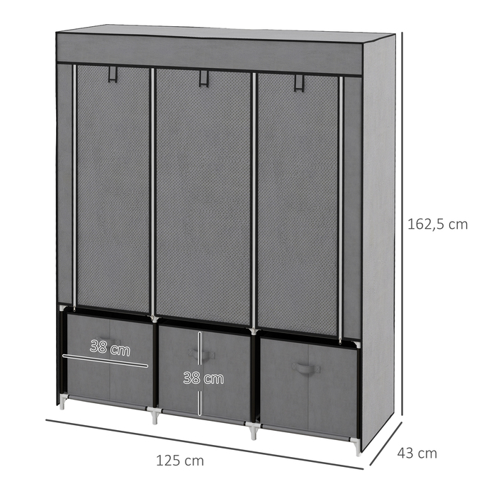 Шкаф HOMCOM Garderobe, розкладний, тканинний, з блискавкою, фліс, темно-сірий, 125x43x162,5 см | Aosom