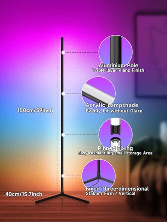 Світлодіодний кутовий світильник GIPOYENT RGB з синхронізацією музики та керуванням через додаток, 16 млн кольорів для спальні, вітальні, геймерської кімнати