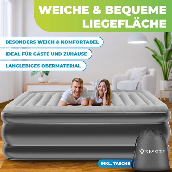 Надувна матрац KESSER® з електричним насосом, 203x152.5x51 см, для дому та кемпінгу, сірий/антрацит