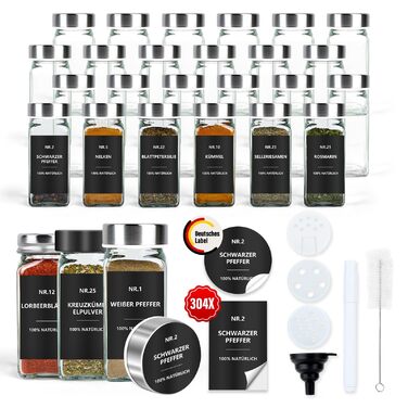 Набір скляних банок для спецій 24 шт. з етикетками: скляні дозатори для спецій 120 мл з ситечком, водостійкі етикетки, органайзер для спецій у шухляду, чорний колір (скло)