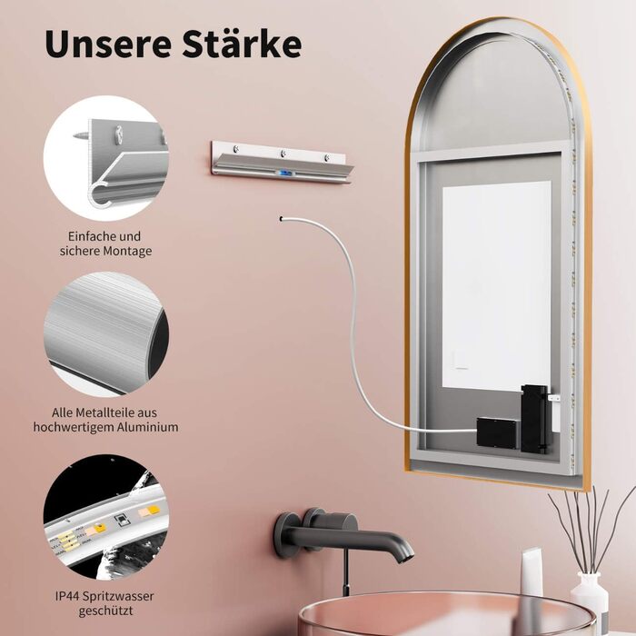 Дзеркало для ванної кімнати LED HOKO Design Turin, овальне, 45x75 см, матовий чорний, з підсвічуванням, сенсорне керування, зміна кольору світла (тепле/холодне/нейтральне), антизапарювання, монтаж HOCH+QUER