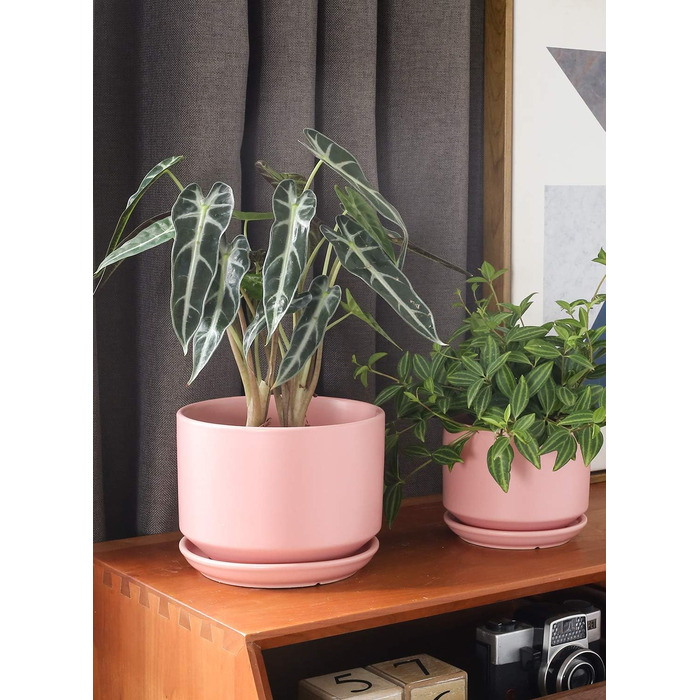 Набір горщиків для квітів LE TAUCI (3 шт.) з кераміки, діаметр 11, 13, 17 см, з підставками та дренажними отворами, реактивна глазур, бежево-рожевий