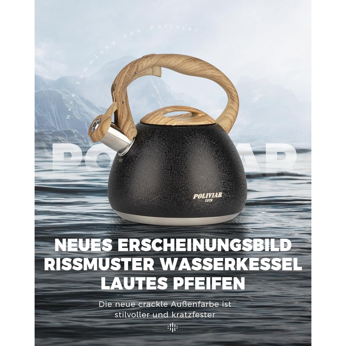 Чайник для води Poliviar 2,7 л, індукційний і газовий, чайник з флейтою з дерев'яною ручкою, малюнок тріщини чорний
