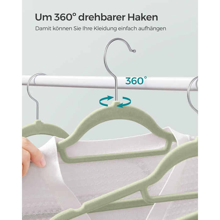 Плечики SONGMICS для одягу, велюрові, 20 шт., антиковзаючі, для краваток, 360° обертання, 0,6 см, економія місця, 43,5 см, для пальто, штанів, срібно-світло-зелені