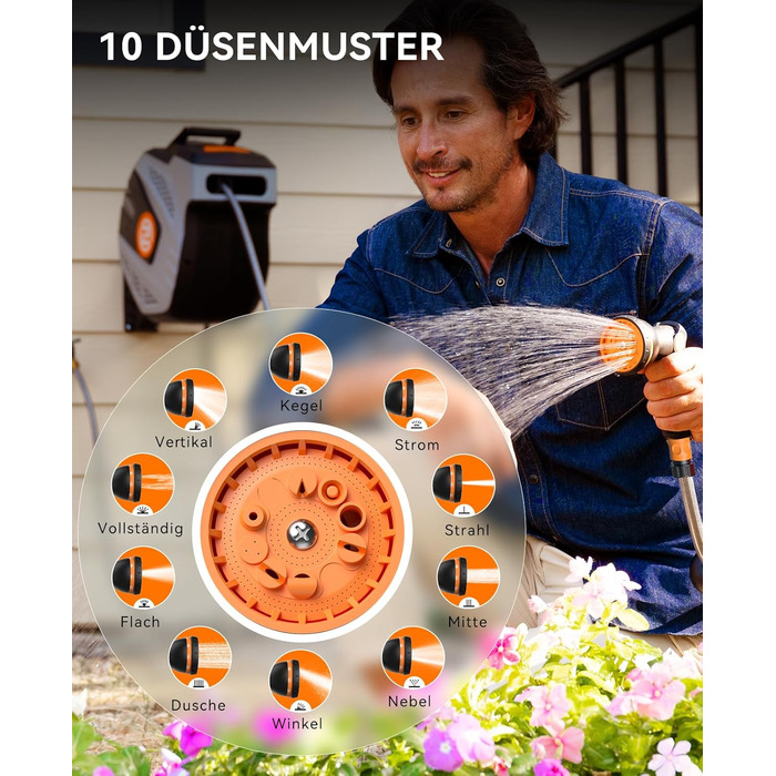 SUNPOW Ротаційний барабан для шланга на стіну 15м з розпилювачем - сірий, для дому та автомобіля, автоматичний збір