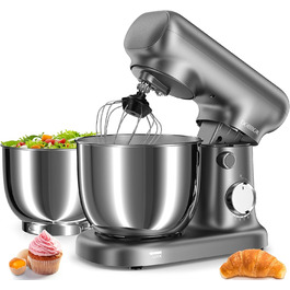 Кухонна машина-міксер з двома чашами 2.5L+3L, 10 швидкостей, 1500W, з гаком для тіста та насадкою для збивання, для випічки та щоденного приготування їжі (сріблясто-сірий)