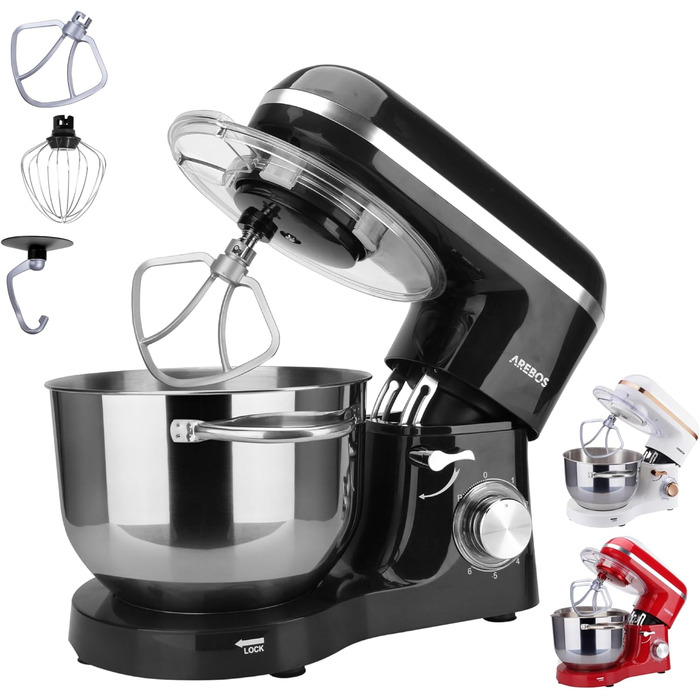 Кухонна машина Arebos 1500W з чашею 6L з нержавіючої сталі, чорна | Змішувач, гак для тіста, вінчик | Кришка від бризок | 6 швидкостей | Кухонний комбайн | Машина для тіста