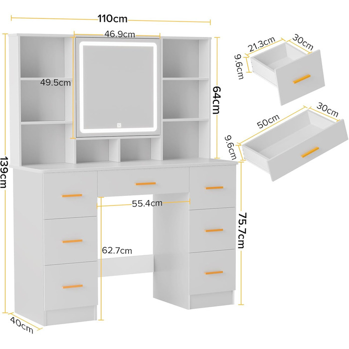Дзеркальний туалетний столик Belife з підсвічуванням та 7 висувними ящиками, розеткою та 3 кольорами світла для спальні V5