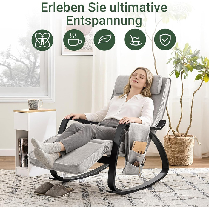 Крісло-гойдалка SoBuy з м'якою оббивкою, підголівником та регульованою підніжкою, сіре - FST20-HG