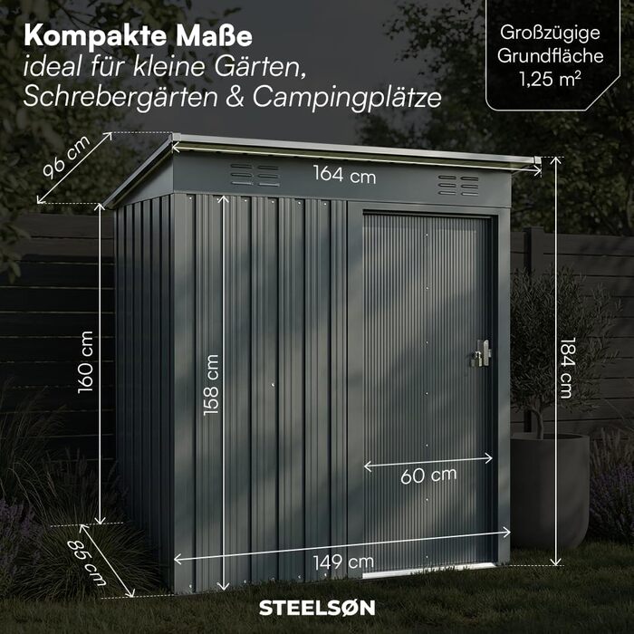 Сарай садовий металевий STEELSØN Talonix 184x85x149 см, антрацит – для інструментів, з односхилим дахом, оцинкований каркас