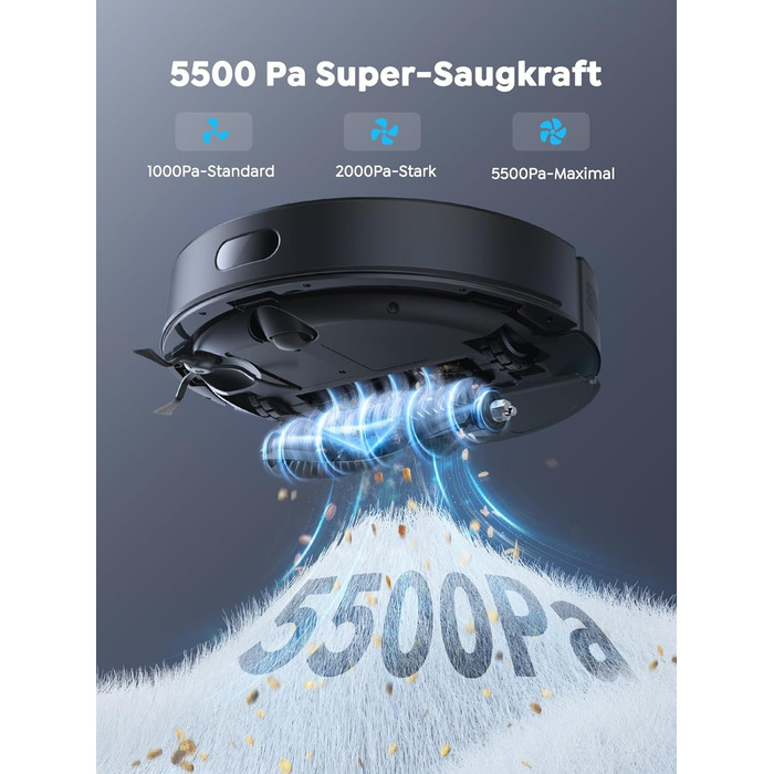 Робот-пилосос Vyzzle з вологою тканиною 5500 Па, док-станція 3.5л, для шерсті тварин, килимове покриття, керування через додаток, голосове керування Alexa & Google Assistant (Чорний)