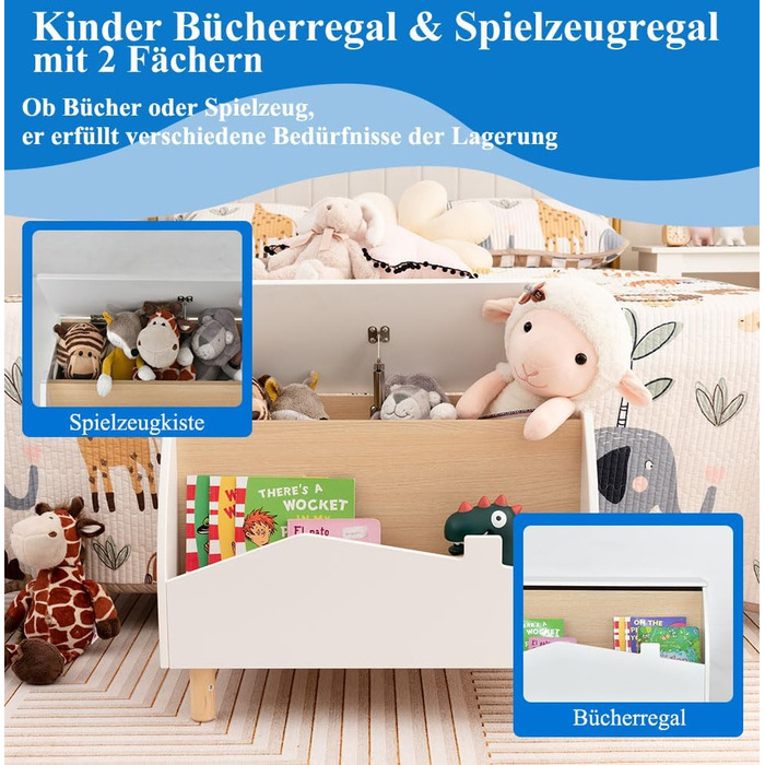Дитяче книжкове та іграшкове шафка SOARS 2 в 1, білий, 60 x 30 x 44 см. Масивні дерев'яні ніжки, органайзер для іграшок з кришкою та відкритими полицями. Шафа для дитячої кімнати.