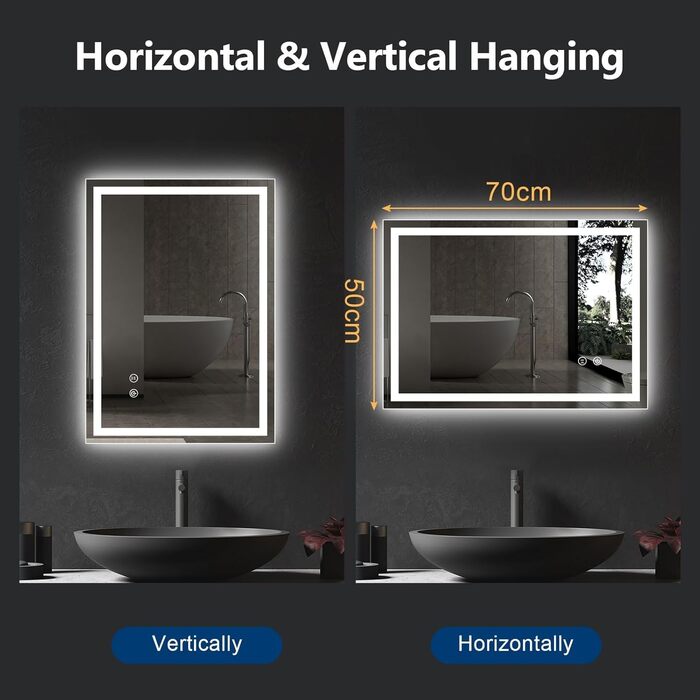 Дзеркало для ванної кімнати Youyijia з підсвічуванням, 70x50 см, антизапарник, сенсорний вимикач, 3 кольори світла, регулювання яскравості