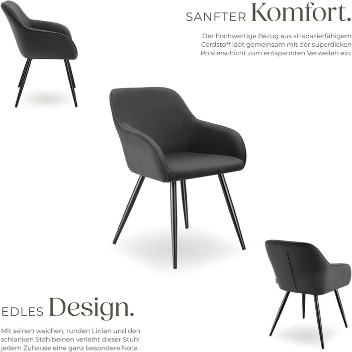 Тектейк® 4x зручний стілець для їдальні з підлокітниками, оббитий, крісло-пуф, lounge стілець для вітальні, їдальні, сучасні кухонні стільці, офісний стілець - (набір 2 шт, антрацит/чорний)