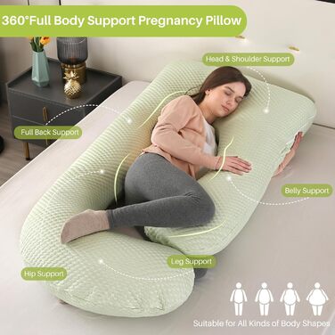 Подушка для вагітних GKXLH - J-подібна подушка для підтримки спини, живота та стегон. Знімний чохол з ефектом охолодження (Iced Bean Green)