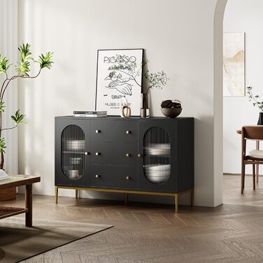 Буфет-комод FirFurd 120 см білий/чорний з робочою поверхнею та 3 ящиками | Кухонний буфет для кухні, вітальні, їдальні