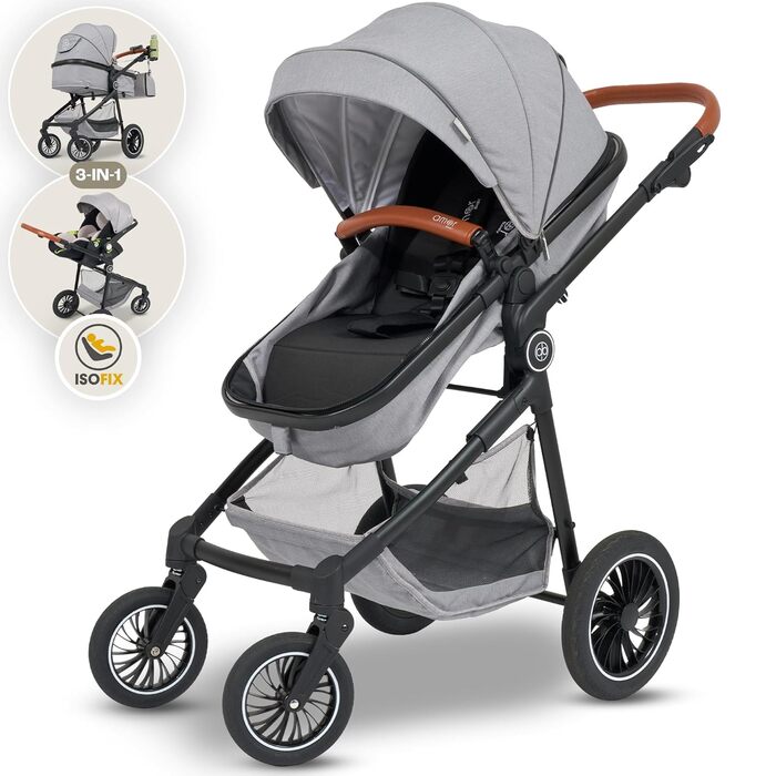 Дитяча коляска 3 в 1 AMOR BABY Primus сірого кольору: автокрісло, класична коляска та автокрісло в комплекті | Безпечна, з Isofix та 5-точковим ременем безпеки