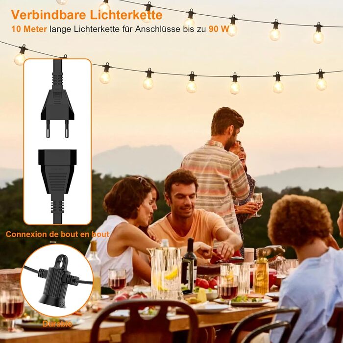 Льо́нтанка Kawaya 10 метрів, LED, для вулиці, 15+1 лампочки, IP65, вологостійка, тепле світло, для балкона, тераси, саду, весілля, заднього двору