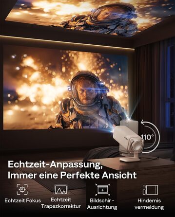 Портативний проєктор Aurzen Boom Air Mini з Google TV та Netflix, 4K, USB-C, Smart, Dolby Audio, WiFi, Bluetooth, автофокус TOF, поворотний штатив, кремово-білий