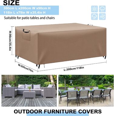 Водонепроникний чохол для садово-патіо меблів, 420D Oxford, захист від вітру та UV, міцний, для садових столів та груп, 180x120x74 (Хакі, 300x200x90cm)