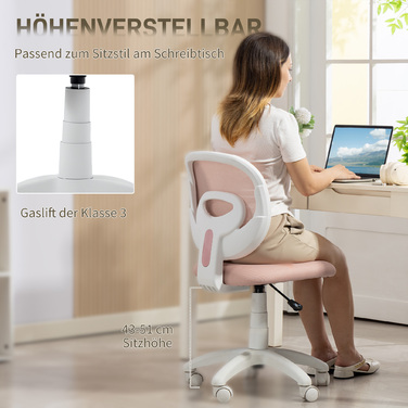 Офісний стілець HOMCOM: ергономічний стілець для роботи з C-подібною підтримкою спини, регульована висота, рожевий