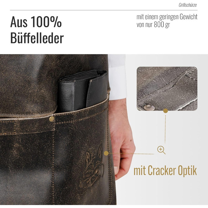 Фартух з натуральної шкіри буйвола, чорний: для гриля, барбекю, приготування їжі та кухні. Вінтажний стиль.
