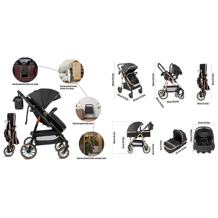 Дитяча коляска MoLi 3 в 1 з реверсивним блоком, великою люлькою та алюмінієвим шасію (V8 Black)