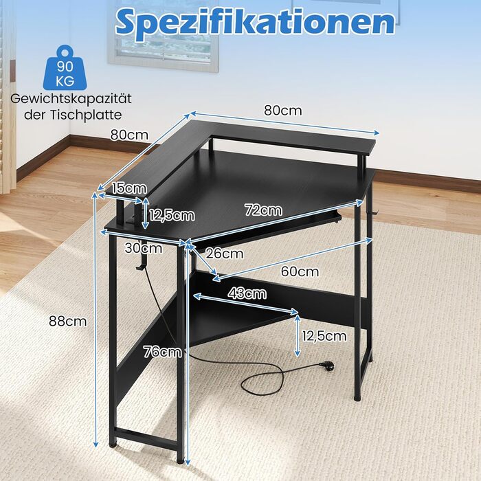 COSTWAY кутовий стіл з зарядкою, трикутник, LED-підсвітка, підставка для клавіатури та монітора, геймінговий, для дому/офісу (білий/чорний)