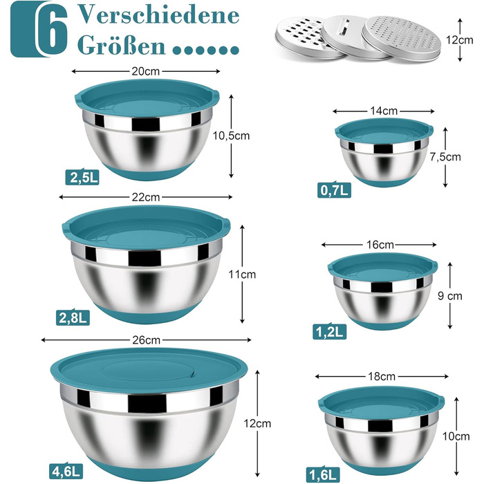 Набір місок Homikit з нержавіючої сталі, 6 шт. з тертками, кришками та силіконовим дном, 4.6L/2.8L/2.5L/1.6L/1.2L/0.7L, блакитний