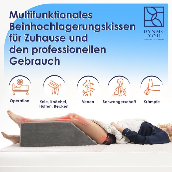 Подушка для підняття ніг клиновидна з ефектом пам'яті (Memory Foam), 68x25x22 см — ортопедична підставка для ніг після операцій, колін та гомілковостопного суглоба, з антиковзаючим покриттям та знімним чохлом OEKO-TEX