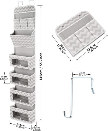Підвісний органайзер Hossejoy Двері у ванну кімнату, візерунок у білу смужку, 8 кишень і вікон, 2 металеві гачки, підвісна полиця