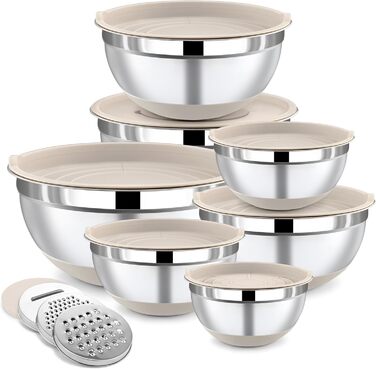 Набір місок для перемішування BEWOS 7 шт. з кришкою, нержавіюча сталь, з терткою, вкладна конструкція, розміри 0.5, 1, 1.4, 1.85, 2.35, 3.2, 4 л для змішування та подачі
