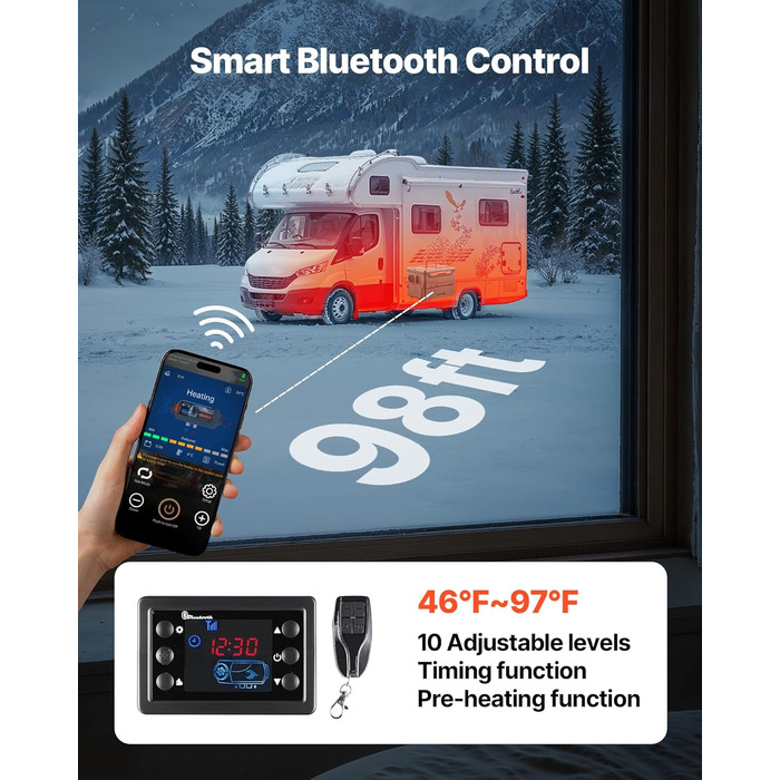 Дизельний опалювач VEVOR 8 кВт, 12/24V, портативний, з Bluetooth, пультом ДУ та LCD, 5л бак, для вантажівок та автодому
