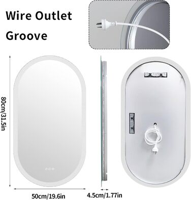 Дзеркало для ванної кімнати LUVODI овальне зі світлом, 50x80 см: LED, сенсорне керування, антизапар, 3 кольори, регулювання яскравості, пам'ять