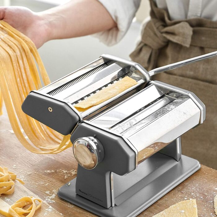 Нержавіюча сталь, миска для макаронних виробів з буклетом рецептів, сушарка для макаронів і 3 насадки для нарізки спагетті, лазаньї, тальятелле - (макаронна машина з лінгвінічною насадкою, сіра)