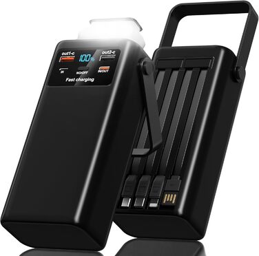 Портативний зарядний акумулятор 60000mAh 45W з LED-дисплеєм та ліхтариком, 7 виходів, чорний. Powerbank для кемпінгу та подорожей