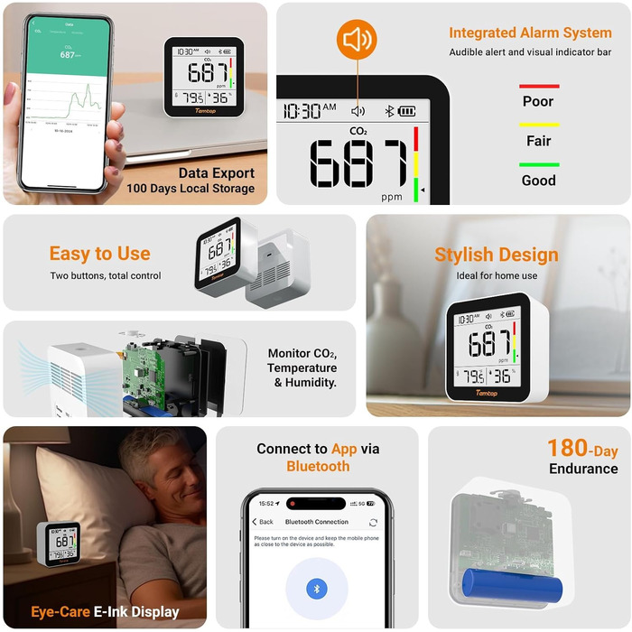 Temtop C10-2ND: Монітор CO2 з Bluetooth, вимірювання температури та вологості, з App, для дому та офісу
