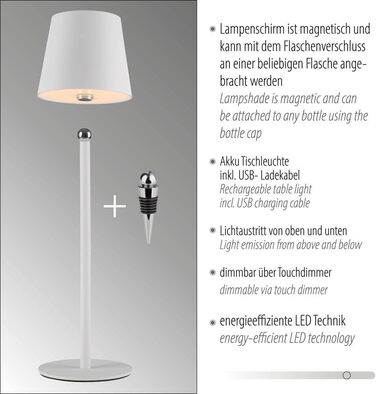 LED настільна лампа SellTec на акумуляторі, USB, біла, диммувана, IP54 для саду, кемпінгу, балкону або тераси