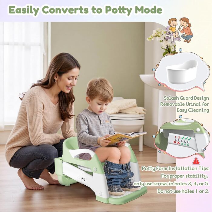 Універсальний дитячий сидіння на унітаз 3-в-1 з драбинкою, зелений – тренажер для хлопчиків та дівчаток, зручний унітаз-горщик для привчання до туалету